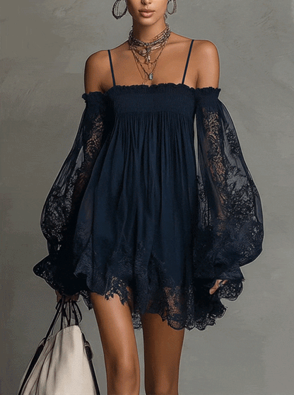 Carmen | Vestido Mini de Chiffon Azul Marino con Hombros Descubiertos