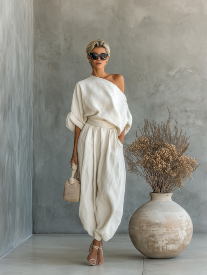 Alba | Conjunto de lino blanco roto con top