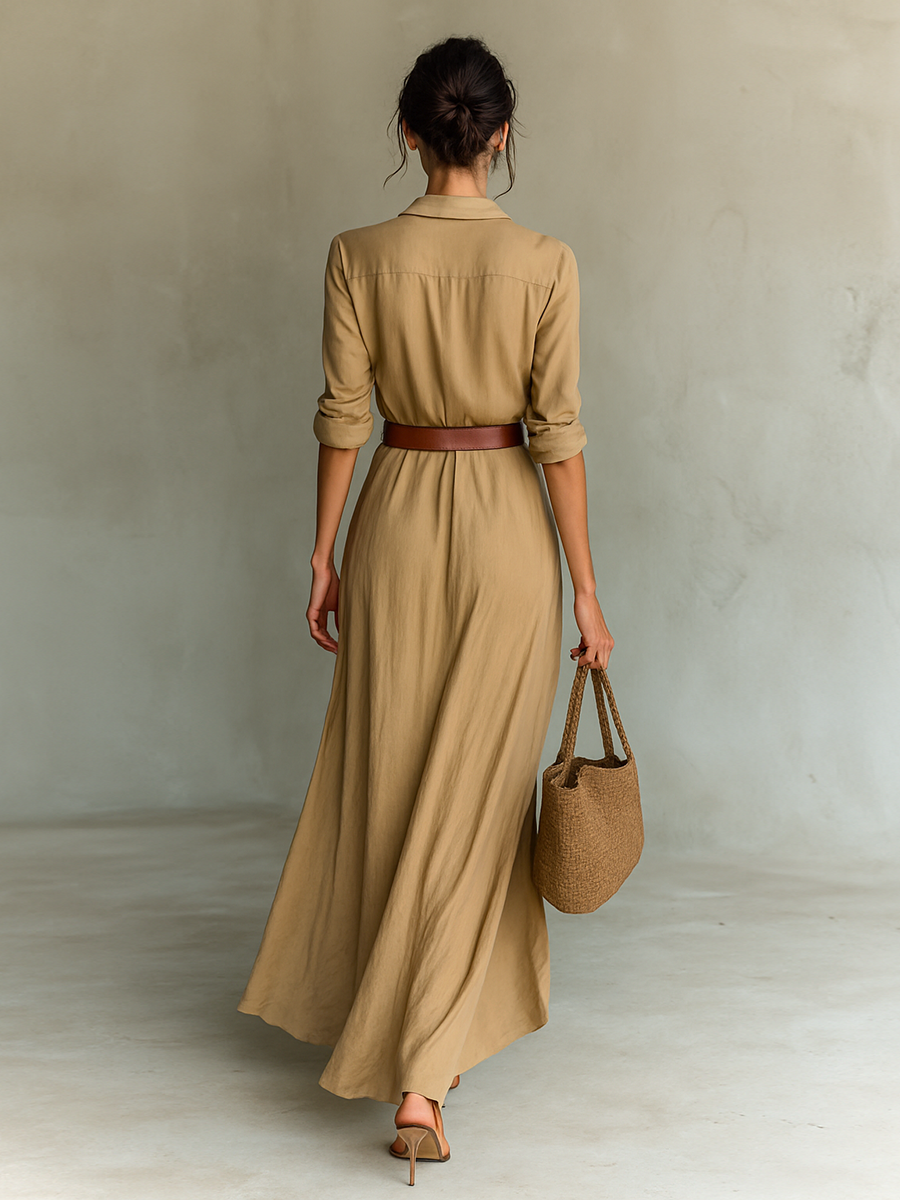 Lucía| Vestido Maxi Largo con Cuello de Solapa y Manga Larga para Mujer