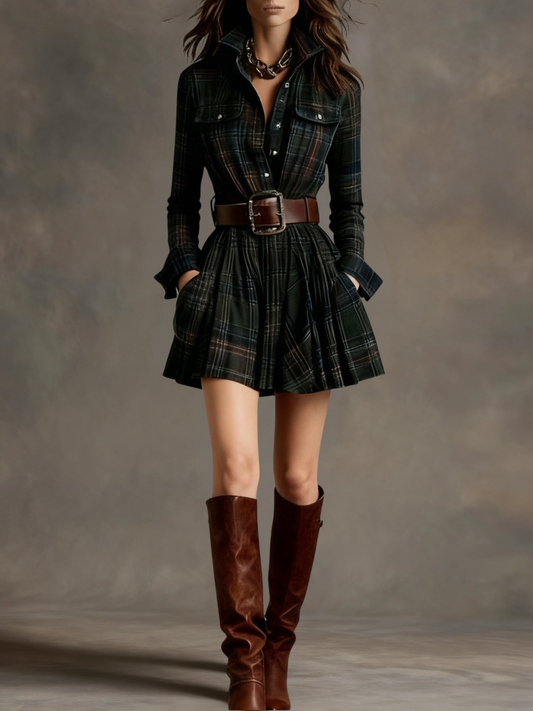 Rosa | Vestido corto camisero de cuadros vintage
