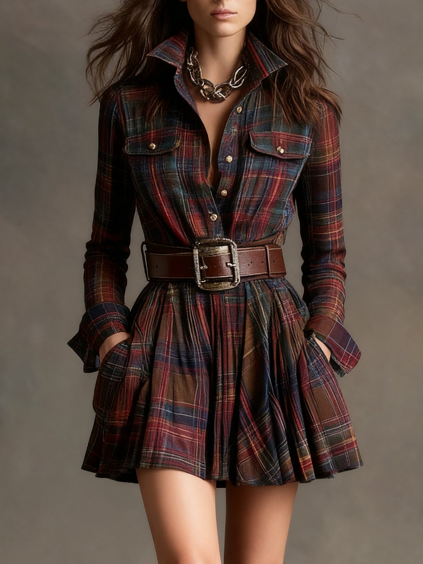 Rosa | Vestido corto camisero de cuadros vintage