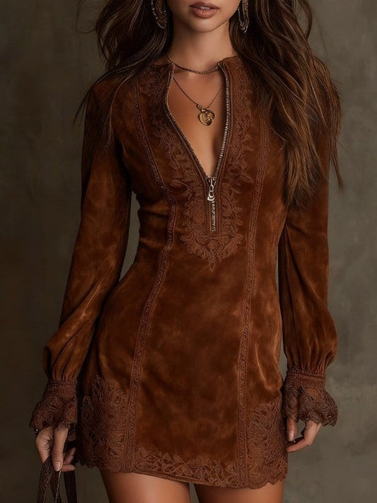 Rocio ❘ Vestido mini vintage de ante con encaje